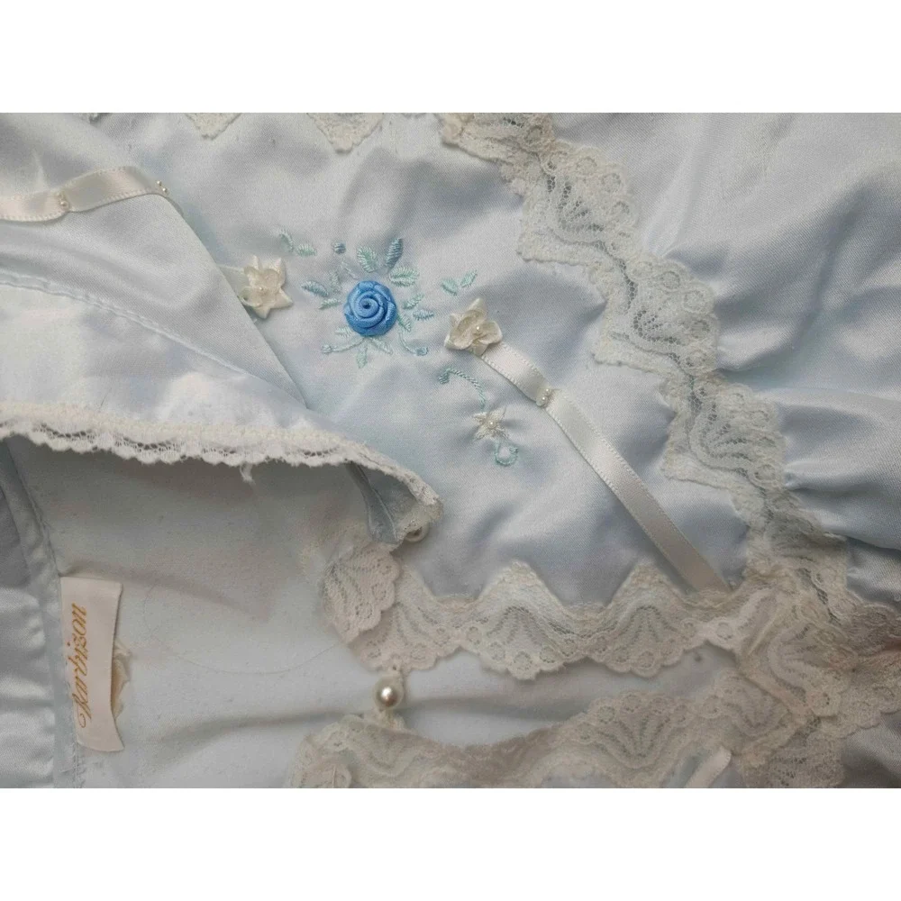 Vintage Barbizon Light Blue Satin Nightgown Lace Floral Embroidery Long Sleeve M